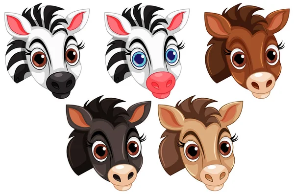 Sada Roztomilé Zebra Kůň Hlava Ilustrace — Stockový vektor