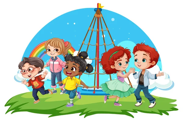 Enfants Avec Différentes Courses Jouant Illustration Parc — Image vectorielle