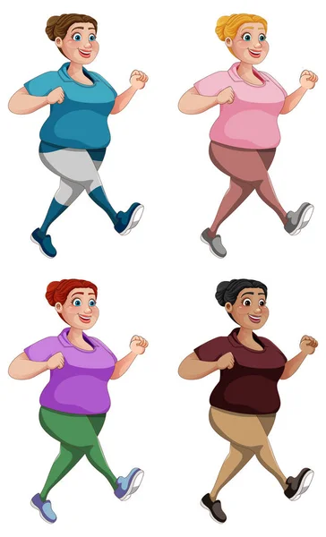 Chubby Kobiety Running Exercise Collection Ilustracja — Wektor stockowy