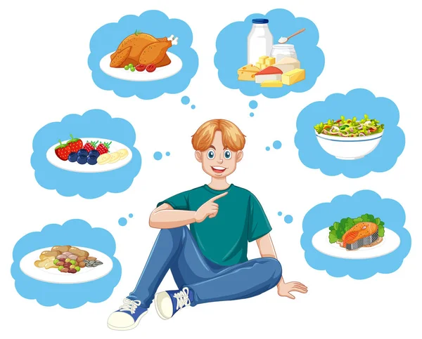Une Adolescente Caucasienne Qui Pense Manger Des Aliments Sains Illustration — Image vectorielle