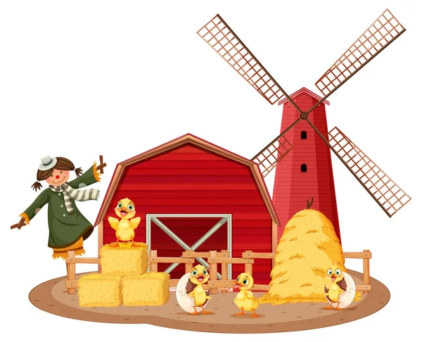風車のイラストが描かれた農家納屋 — ストックベクタ