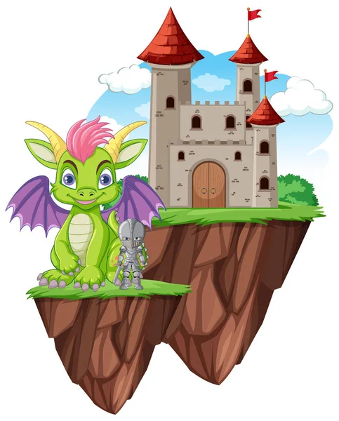 Cute Dragon Knight Standing Front Castle Illustration — Stock Vector