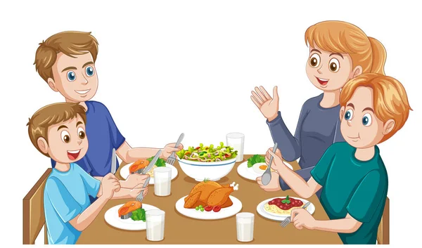Mutlu Aile Masa Resimlerinde Yemek Yiyor — Stok Vektör