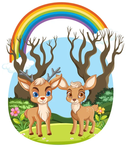 森の中のシーンの図に つの鹿 — ストックベクタ