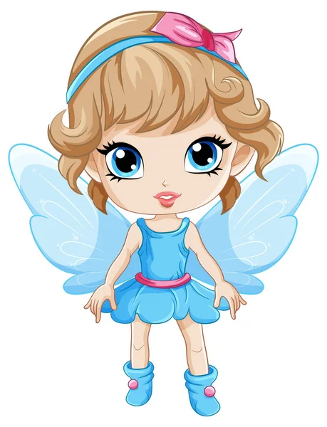 青いドレスのイラストで翼漫画のキャラクターを持つ妖精の女の子 — ストックベクタ