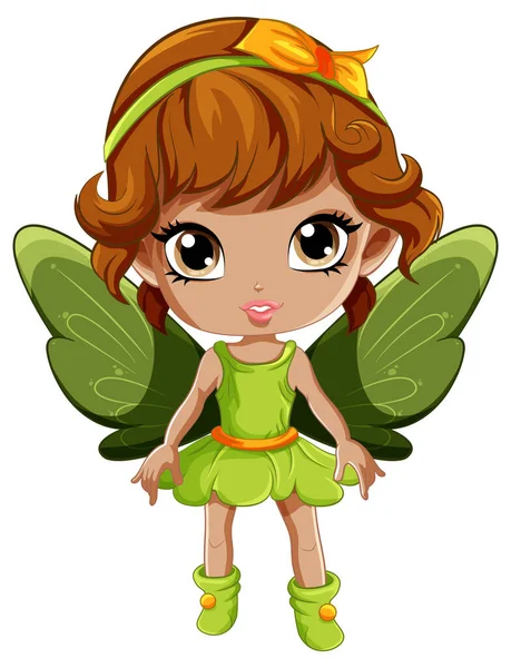 Peri Girl Wings Cartoon Character Green Dress Illustration - Stok Vektor