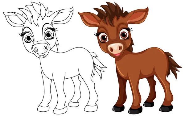 Cute Koń Kreskówki Zwierząt Jego Bazgroły Kolorowanki Charakter Ilustracji — Wektor stockowy