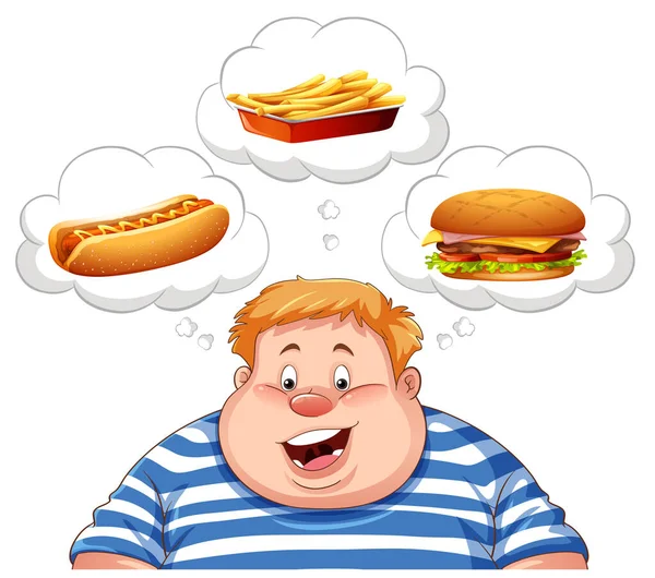 Şişman Adam Fast Food Resimlerini Düşünüyor — Stok Vektör