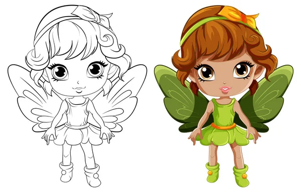 Cute Fairy Girl Outline Coloring Illustration — Stock Vector