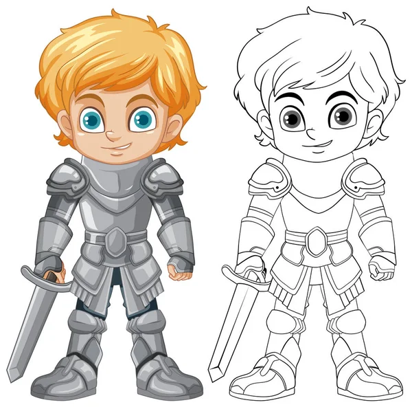 Cartoon Knight Boy Cartoon Character Doodle Outline Colouring Illustration — Stock Vector