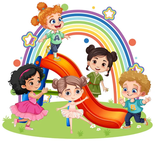 Kinder Mit Unterschiedlichen Rassen Spielen Auf Der Spielplatz Rutsche Illustration — Stockvektor