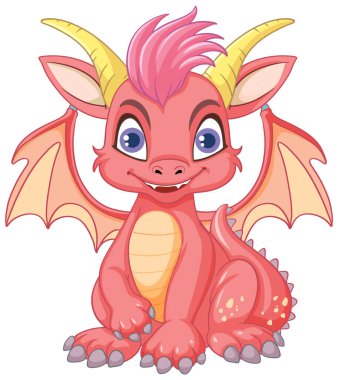 Şirin pembe ejderha çizgi film karakteri izole bir şekilde oturuyor.