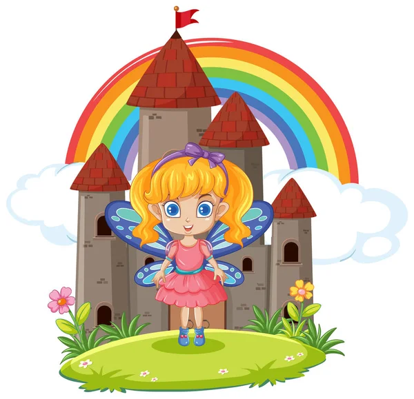 Cartoon Fairy Stands Front Majestic Castle Fantasy Setting — Stock Vector