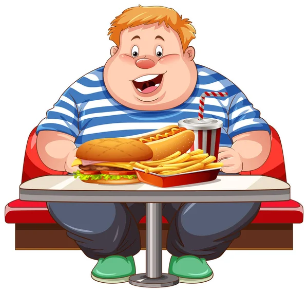 Fat Man Fast Food Table Illustration — Stock Vector