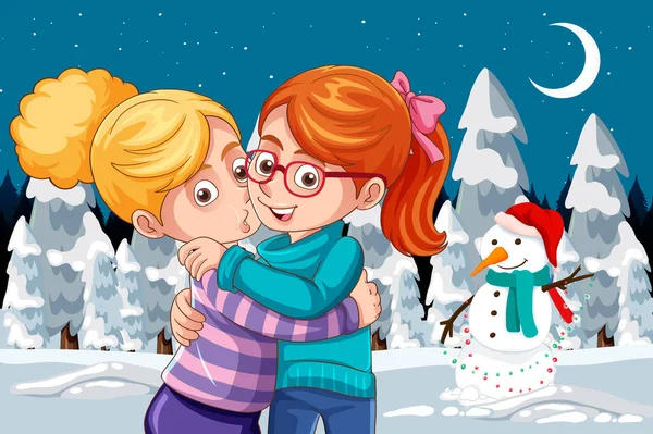 Dvě Dívky Objímají Líbají Zatímco Stojí Zimní Venkovní Scéně Sněhulákem — Stockový vektor