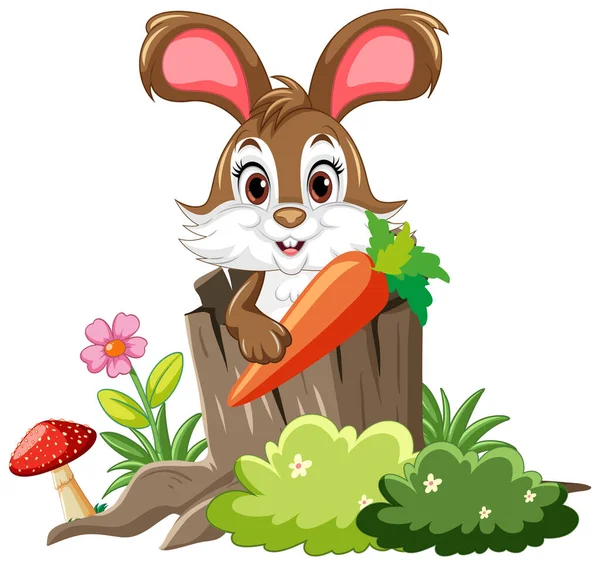 兔子在树洞里拿着胡萝卜的卡通画 — 图库矢量图片