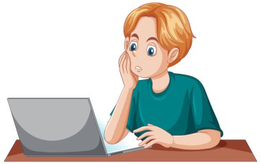 Dizüstü bilgisayarla uğraşan Sıkıcı Genç Çocuk