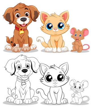Sevimli Çizgi Film Köpeği, Kedi ve Fare illüstrasyonlu Oyuncu Hayvan Arkadaşları