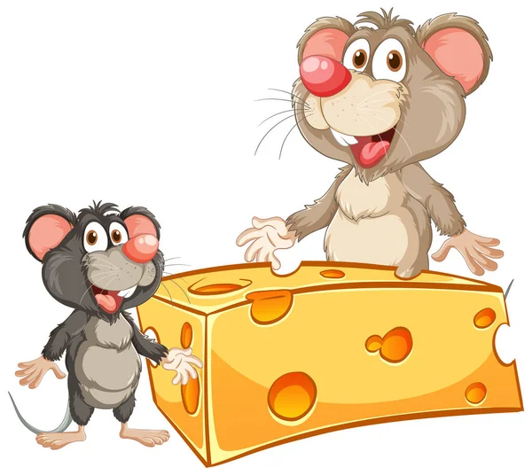 Веселая Мультяшная Мышь Радостью Ест Кусочек Сыра — стоковый вектор