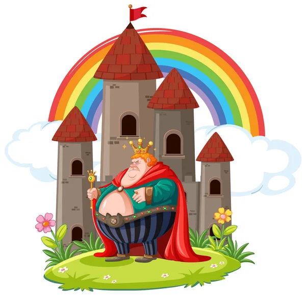 Fat Grumpy King Stands Front Castle Vector Cartoon Illustration — Stock Vector