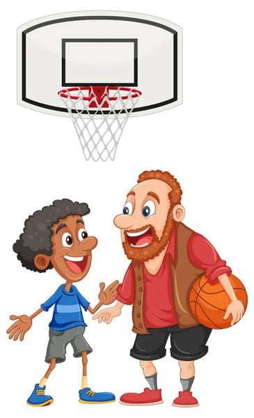 Middle Age Man Playing Basketball Boy Illustration — Stock Vector