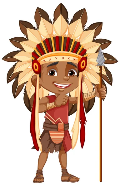 Native American Tribe Kid Holding Spear Ilustración — Vector de stock
