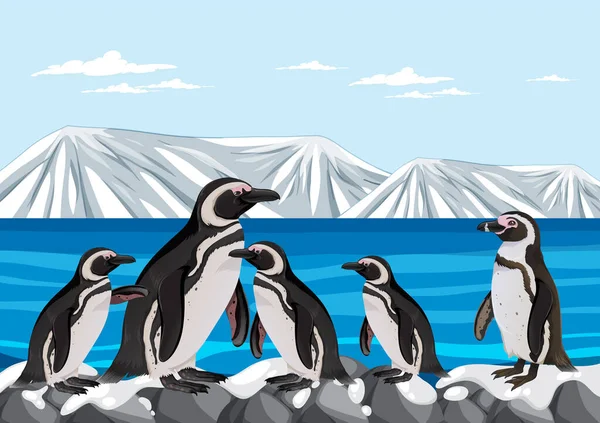 Wektorowa Ilustracja Kreskówki Pingwina Stojącego Kawałku Lodu Arktyce — Wektor stockowy