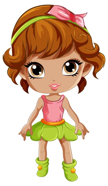 Adorable Girl Pink Green Dress Cartoon Character Illustration — Stock Vector