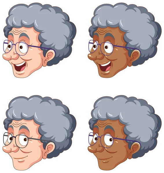 Set Elderly Head Wearing Glasses Cartoon Illustration — Stock Vector