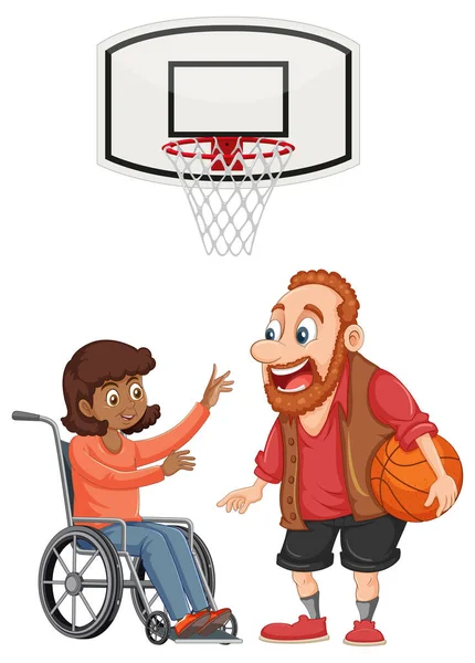 車椅子のイラストに障害のある女の子とバスケットボールをする男 — ストックベクタ