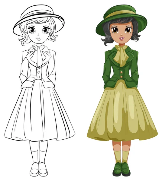 Vector Cartoon Illustration Western Girl Vintage Victorian Outfit Colouring — Stock Vector