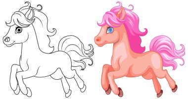 Renklendirme sayfaları için vektör çizim biçimi olan şirin bir tek boynuzlu atın ana hatları