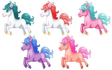 Çizgi film tarzında bir grup tek boynuzlu atın neşeli bir çizimi.