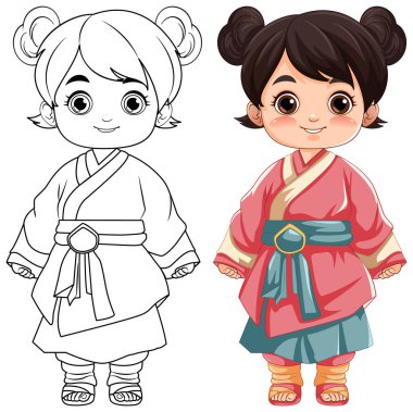 Geleneksel bir kıyafet giymiş şirin bir Asyalı kızın vektör çizimi.