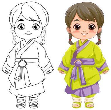 Geleneksel bir kıyafet giymiş şirin bir Asyalı kızın vektör çizimi.