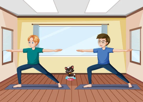Dos Amigos Varones Están Estirando Haciendo Ejercicio Una Pose Yoga — Vector de stock