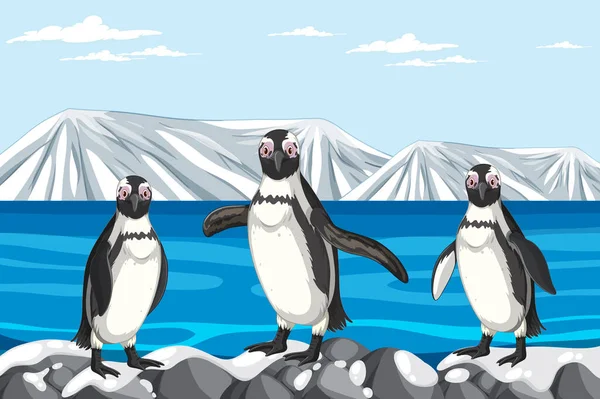 Vektorová Kreslená Ilustrace Tučňáka Stojícího Skalách Arktidě — Stockový vektor