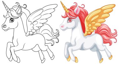 Renklendirmek için kanatları olan tek boynuzlu bir atın ana hatları