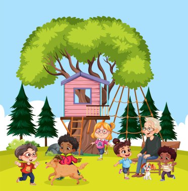 İnsanlar ve hayvanları oyun alanında eğleniyorlar.