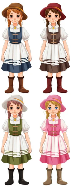 Четыре Женщины Одетые Традиционные Немецкие Баварские Наряды Разных Цветов Изолированные — стоковый вектор