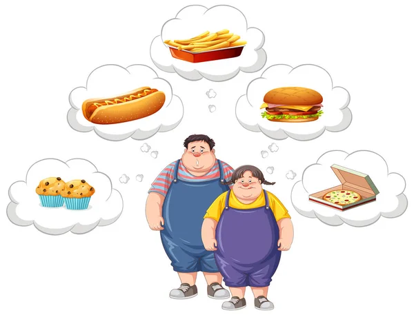 Overweight Couple Thinking Fast Food Illustration — Stock Vector