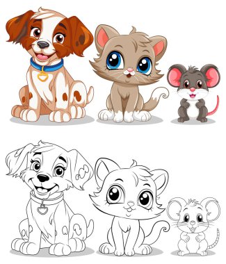 Sevimli Çizgi Film Köpeği, Kedi ve Fare illüstrasyonlu Oyuncu Hayvan Arkadaşları