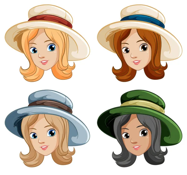 四个戴着老式礼帽的漂亮女人在一个矢量卡通画中 — 图库矢量图片