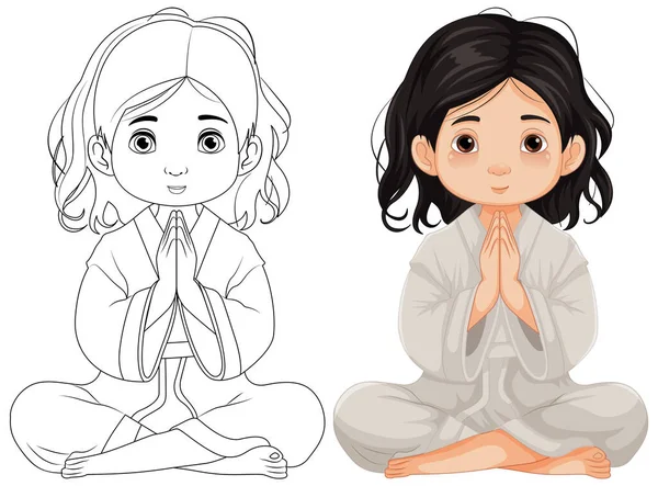 Meditasyon Yaparken Dua Eden Bir Kızın Vektör Karikatürü — Stok Vektör