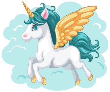 Mavi gökyüzü arkaplanına uzanan kanatlarıyla uçan şirin bir tek boynuzlu atın çizgi film çizimi.