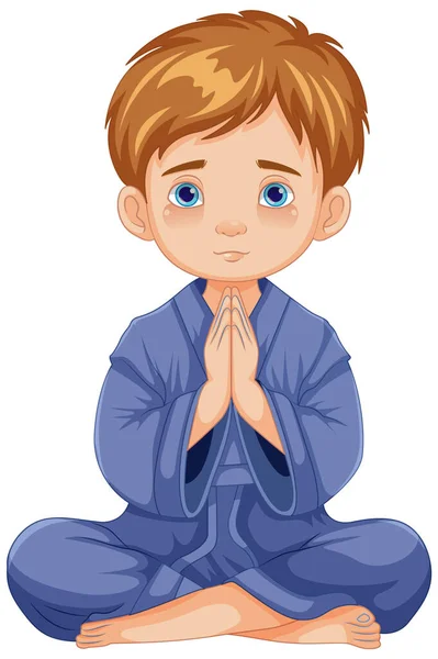 Karikatur Eines Kleinen Jungen Der Meditation Sitzt Und Betet — Stockvektor