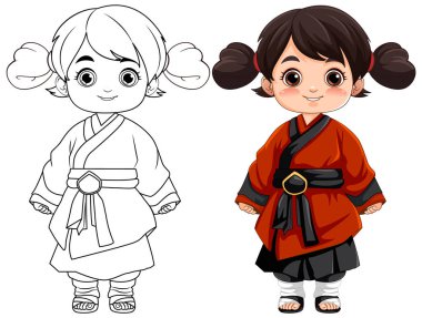 Geleneksel bir kıyafet giymiş şirin bir Asyalı kızın vektör çizimi.