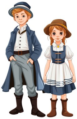 Klasik kıyafetler giymiş bir kadın ve erkeğin vektör çizimi.