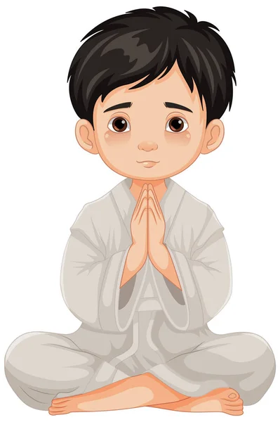 Karikatur Eines Kleinen Jungen Der Meditation Sitzt Und Betet — Stockvektor