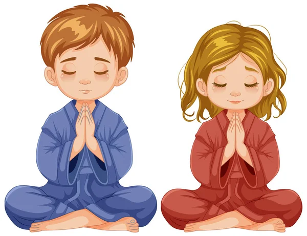 Cartone Animato Illustrazione Giovane Ragazzo Una Ragazza Seduti Insieme Meditare — Vettoriale Stock